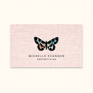 Tarjeta De Visita Logo de mariposa de acuarela de lino rosa elegante