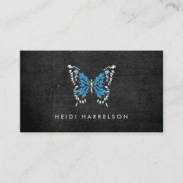 Tarjeta De Visita Logo de mariposa pintada azul en madera negra
