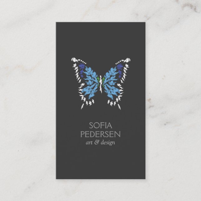 Tarjeta De Visita Logo de mariposa pintada azul en vertical gris osc (Anverso)