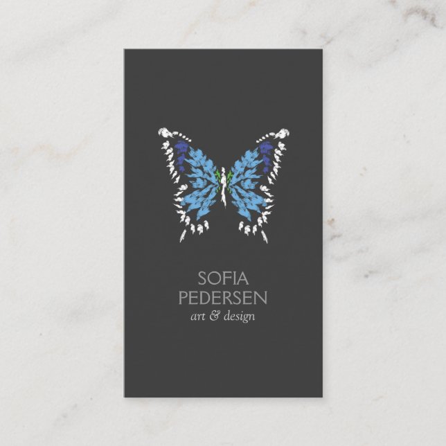 Tarjeta De Visita Logo de mariposa pintada azul en vertical gris osc (Anverso)