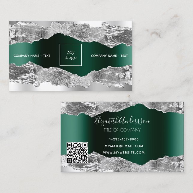 Tarjeta De Visita Logo de mármol verde esmeralda plateado código QR (Anverso / Reverso)