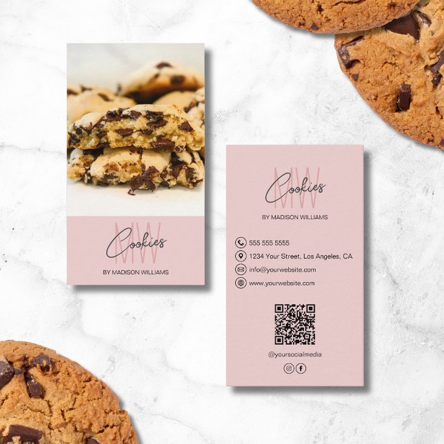 Tarjeta De Visita Logo de Monograma Cookes Panadería Foto QR Rosa (Monogram Logo Cookies Bakery Photo QR Pink Business Card)