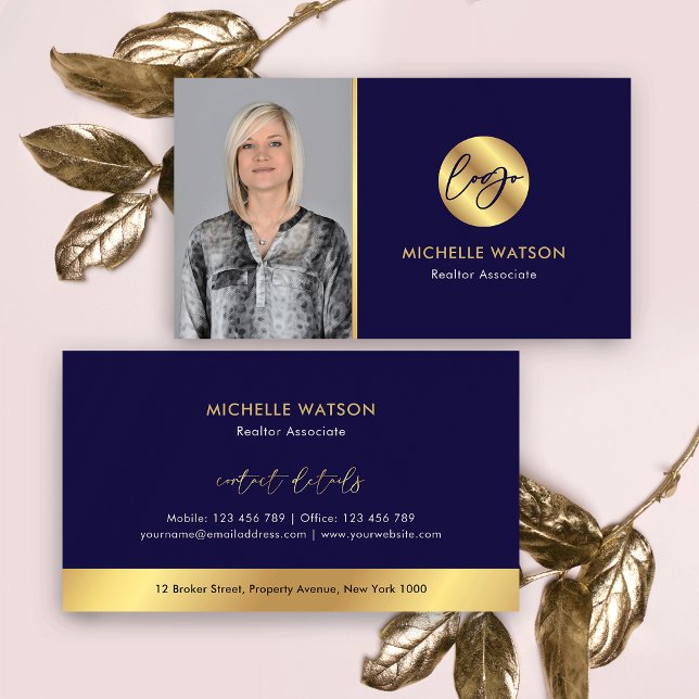 Tarjeta De Visita Logo de Navy & Gold Foto del agente inmobiliario m (Elegant navy and gold photo business cards)