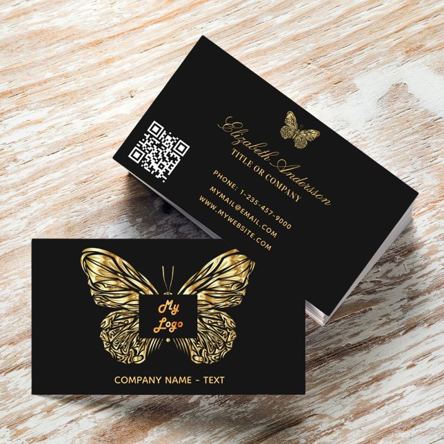 Tarjeta De Visita Logo de oro negro mariposa código QR elegante (Subido por el creador)