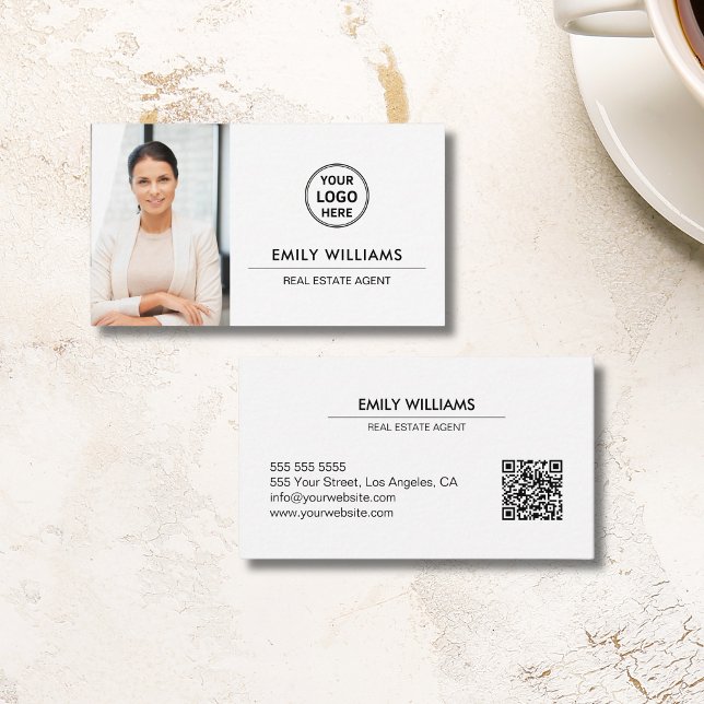 Tarjeta De Visita Logo de Real Estate Broker Foto QR White (Real Estate Broker Logo Photo QR White Business Card)