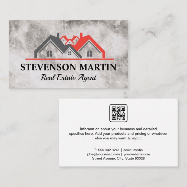 Tarjeta De Visita Logo de Real Estate Homes | Textura de mármol | Có (Anverso / Reverso)