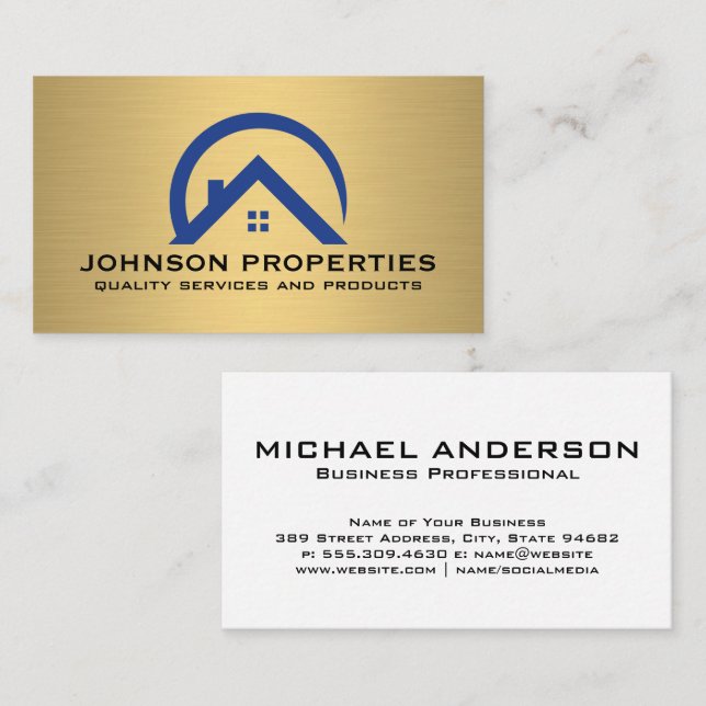 Tarjeta De Visita Logo de Real Estate House | Dorado metalizado (Anverso / Reverso)