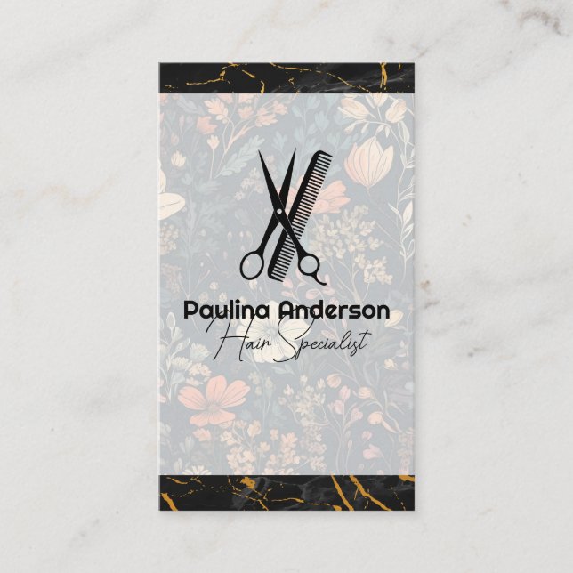 Tarjeta De Visita Logo de Scissors | Mármol negro | Flores (Anverso)