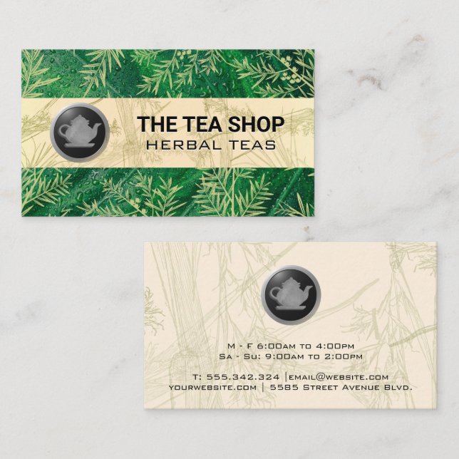 Tarjeta De Visita Logo de Tea Pot | Hojas de té (Anverso / Reverso)