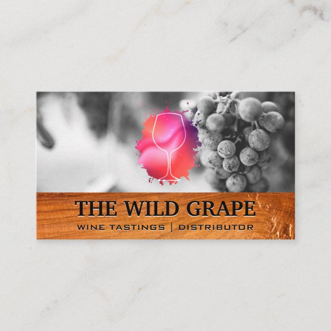 Tarjeta De Visita Logo de Wine Glass | Uvas de vino | Madera (Anverso)