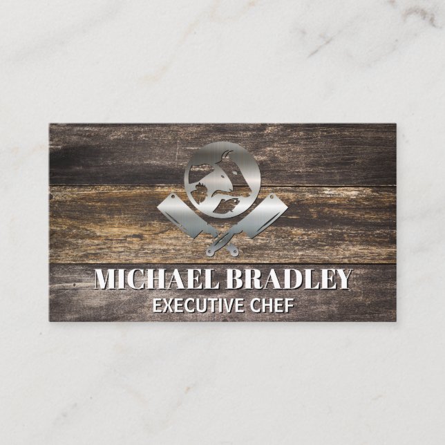 Tarjeta De Visita Logo del Carnicero Knives Animales | BBQ de madera (Anverso)