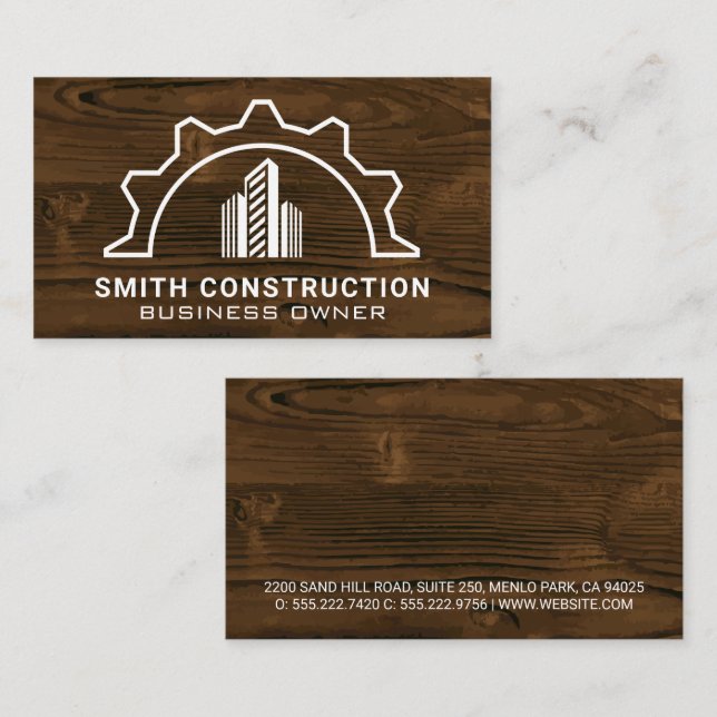 Tarjeta De Visita Logo del engranaje de los edificios | Fondo de mad (Anverso / Reverso)