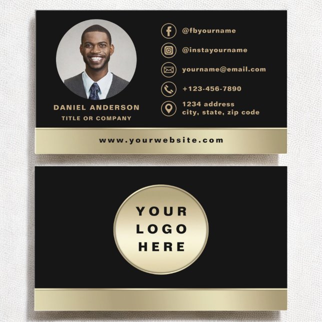 Tarjeta De Visita Logo del personalizado Elegante foto de oro negro (Subido por el creador)