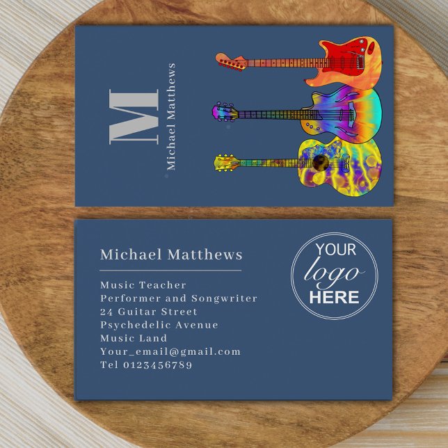 Tarjeta De Visita Logo del Personalizado Guitar Music Teacher (Guitar teacher custom logo business card with colorful guitars on a modern blue background )