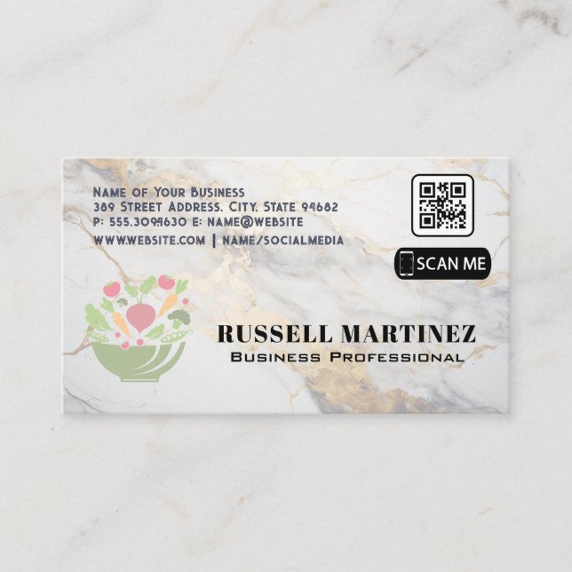 Tarjeta De Visita Logo del Salad Bowl | Código QR | Mármol (Anverso)