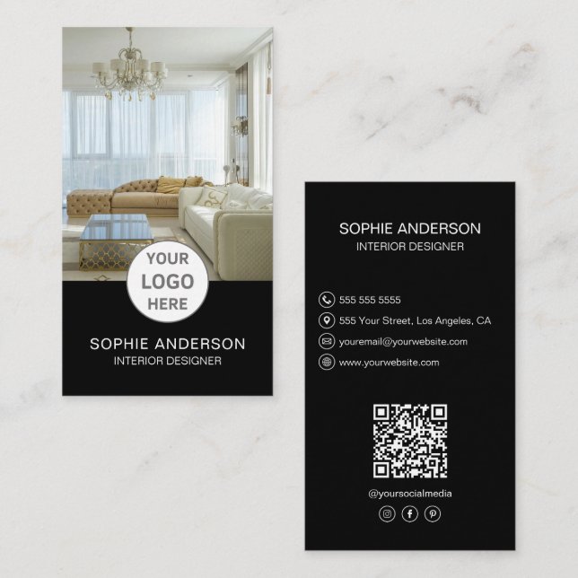 Tarjeta De Visita Logo Diseñador de interiores Foto QR Medios social (Anverso / Reverso)