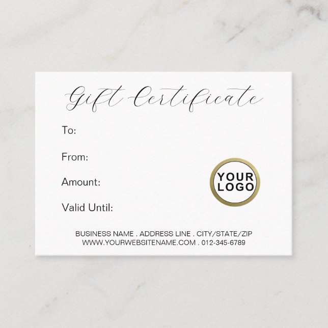 Tarjeta De Visita Logo Elegant Minimal Modern White Gift Certificate (Anverso)