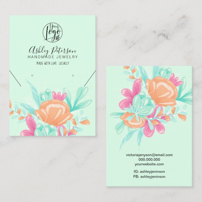 Tarjeta De Visita Logo floral verde azulado rosa collar de jaulas (Anverso / Reverso)
