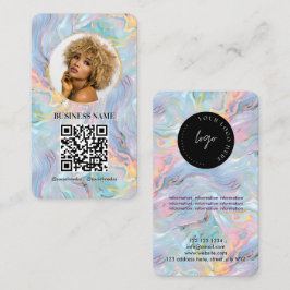 Tarjeta De Visita Logo Girly Holográfico de Marble Swirl Código QR
