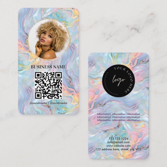 Tarjeta De Visita Logo Girly Holográfico de Marble Swirl Código QR (Anverso / Reverso)