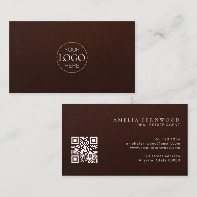 Tarjeta De Visita Logo | Luxury Leather Real Estate QR Code (Anverso / Reverso)