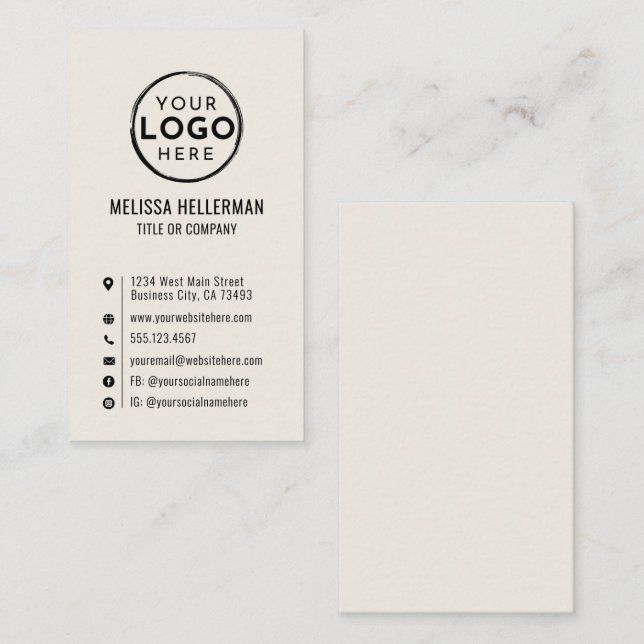 Tarjeta De Visita Logo Minimal Moderno Vertical Marfil (Anverso / Reverso)