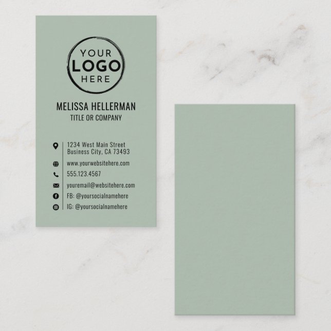 Tarjeta De Visita Logo Minimal Moderno Vertical Verde Salvia (Anverso / Reverso)