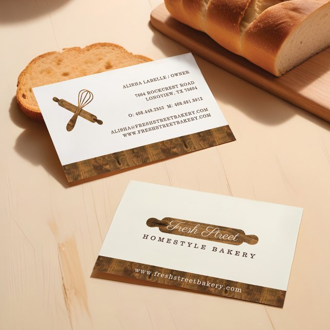 Tarjeta De Visita Logo Mínimo de panadería Rolling Pin (Minimal Wooden Rolling Pin Bakery Logo Business Card)