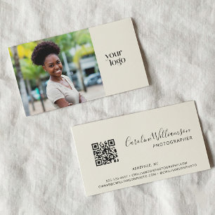 Tarjeta De Visita Logo moderno boho código QR foto blanco y negro