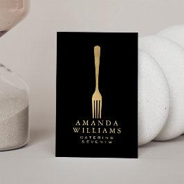 Tarjeta De Visita Logo moderno de Faux Gold Fork Catering sobre Blac