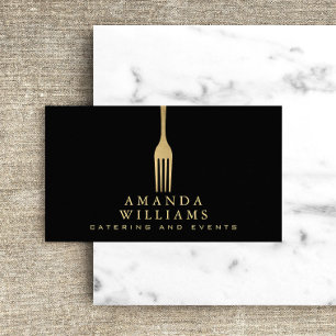Tarjeta De Visita Logo moderno de Faux Gold Fork Catering sobre negr