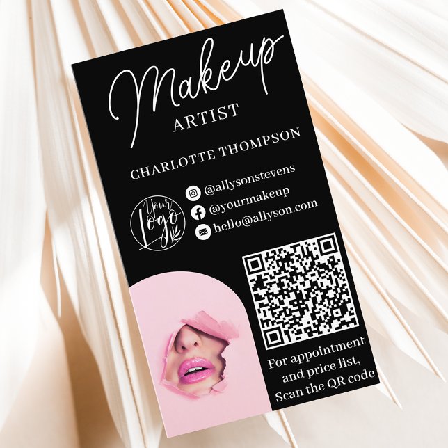 Tarjeta De Visita Logo moderno de maquillaje blanco Qr código 2 foto (Modern white on black makeup logo Qr code 2 photos Business Card)
