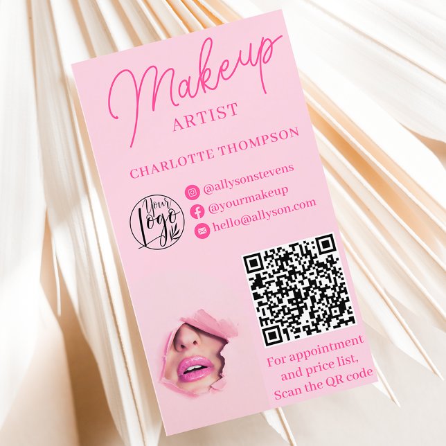 Tarjeta De Visita Logo moderno de maquillaje rosa Código Qr 2 fotos (Modern pink makeup logo Qr code 2 photos Business Card)
