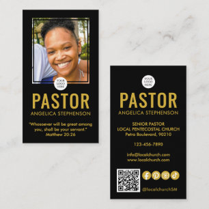 Tarjeta De Visita Logo moderno de oro negro foto QR Iglesia Pastor 