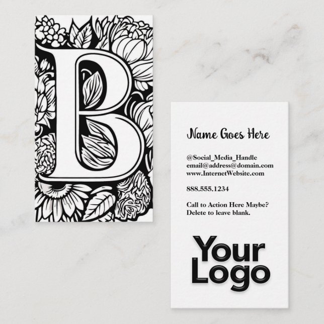 Tarjeta De Visita Logo Monogramado B Floral Black and White Company (Anverso / Reverso)
