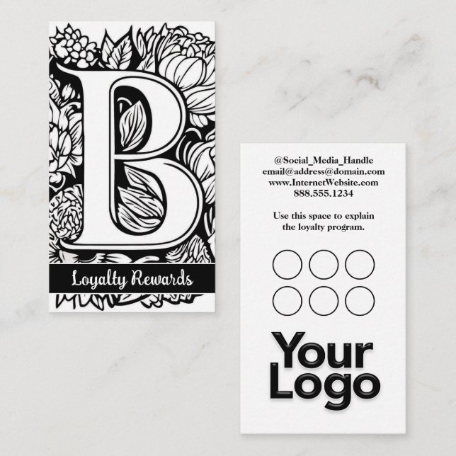 Tarjeta De Visita Logo Monogramado B Floral Black and White Company (Anverso / Reverso)