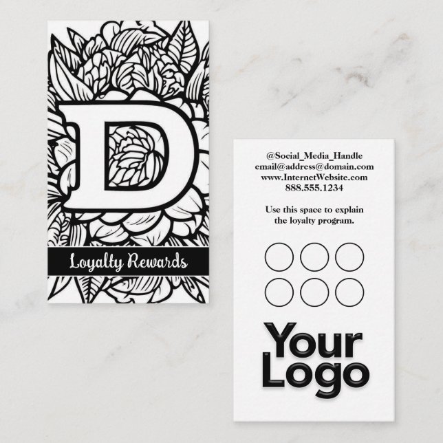 Tarjeta De Visita Logo Monogramado D Floral Black and White Company (Anverso / Reverso)