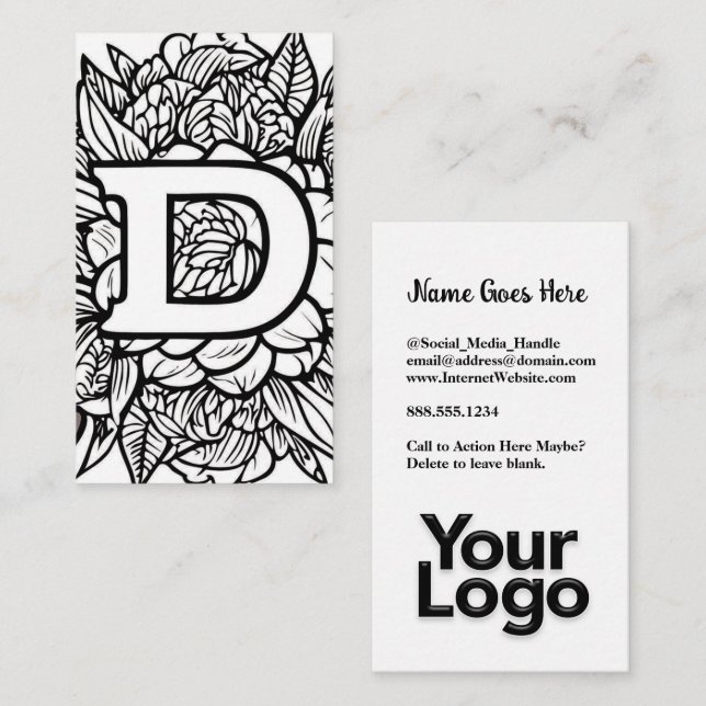 Tarjeta De Visita Logo Monogramado D Floral Black and White Company (Anverso / Reverso)