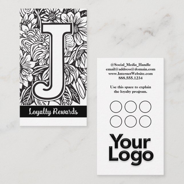 Tarjeta De Visita Logo Monogramado J Floral Black and White Company (Anverso / Reverso)