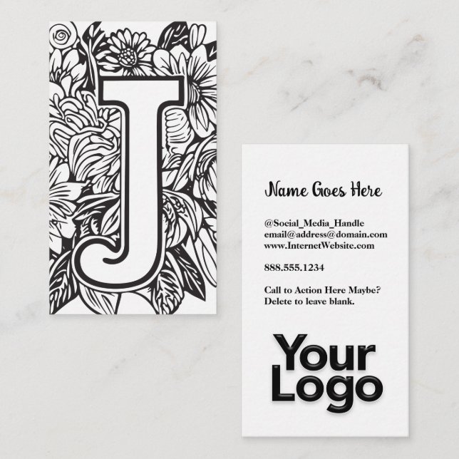 Tarjeta De Visita Logo Monogramado J Floral Black and White Company (Anverso / Reverso)