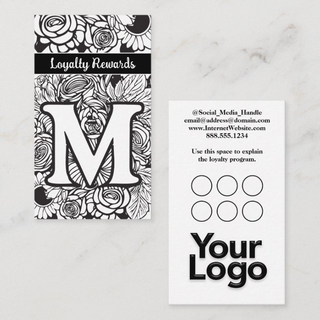 Tarjeta De Visita Logo Monogramado M Floral Black and White Company (Anverso / Reverso)