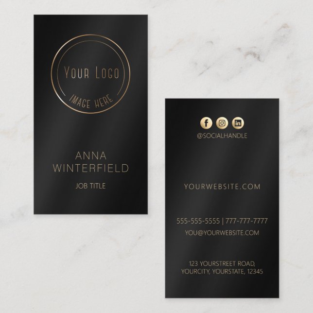 Tarjeta De Visita Logo negro de oro elegante medio social moderno (Anverso / Reverso)