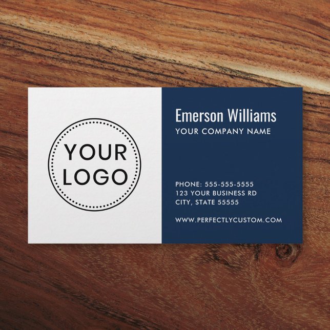 Tarjeta De Visita logo personalizado blanco oscuro minimalista (Professional, dark blue and white business card template with your custom logo)