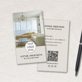 Tarjeta De Visita Logo Photo Interior Designer QR Social Media Tan