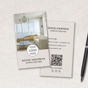Tarjeta De Visita Logo Photo Interior Designer QR Social Media Tan