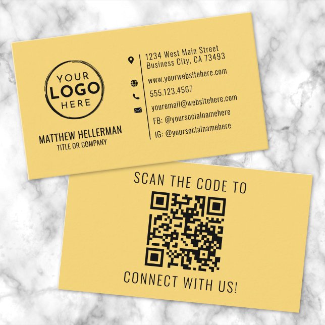Tarjeta De Visita Logo Profesional Código QR Amarillo (Professional Yellow Modern Minimalist QR Code Logo Business Card)