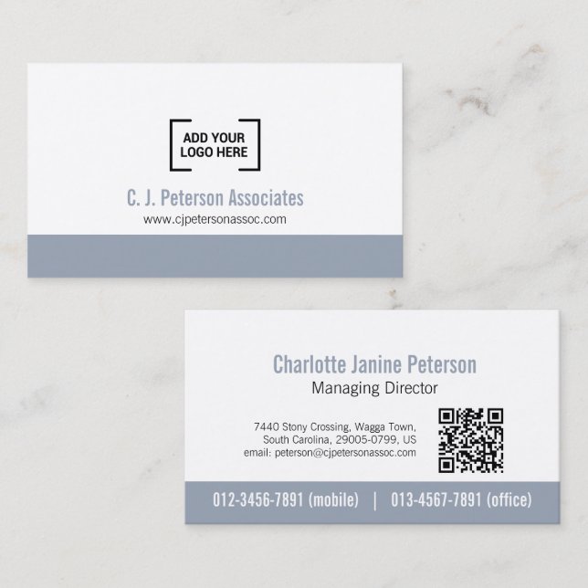 Tarjeta De Visita Logo profesional simple código QR gris plateado bl (Anverso / Reverso)