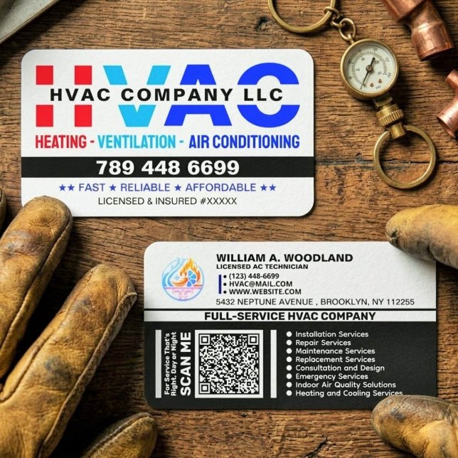 Tarjeta De Visita Logo, Qr Code & License - Modern AC Services, HVAC (custom modern HVAC business cards for contractors, HVAC business card template, heating and cooling)