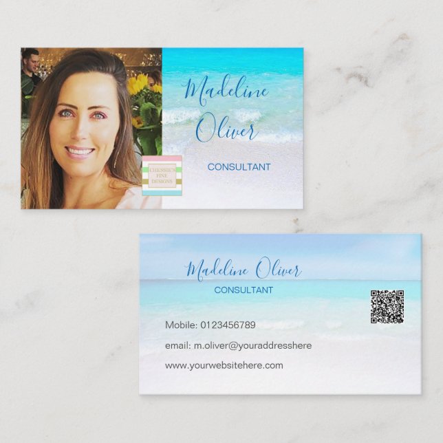 Tarjeta De Visita Logo QR Code Ocean Beach Sea Travel Blue (Anverso / Reverso)