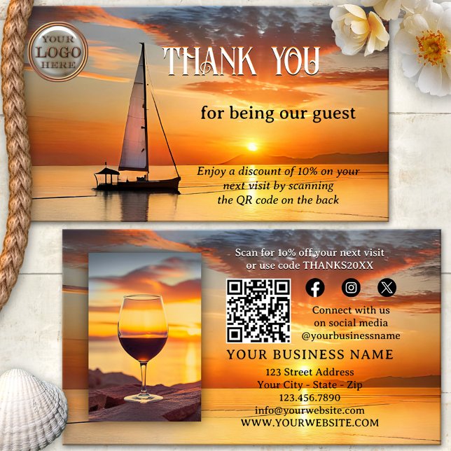 Tarjeta De Visita Logo QR Code Photo Gracias Guest House (Thank you for your visit photo business card featuring a sailboat at sunset at the coast - QR code )